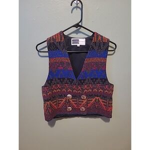 VTG Rhonda Stark Southwestern Aztec Wool Blend Vest Sz Med Open Front USA Made